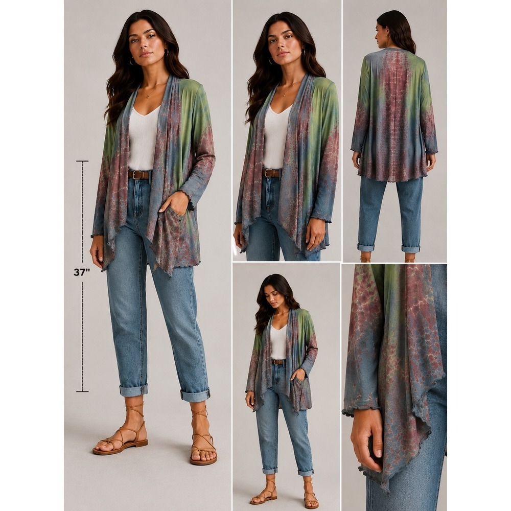 GreaterGood Womens 2X Tie Dye Open Front Cardigan Green Blue Viscose Long Sleeve